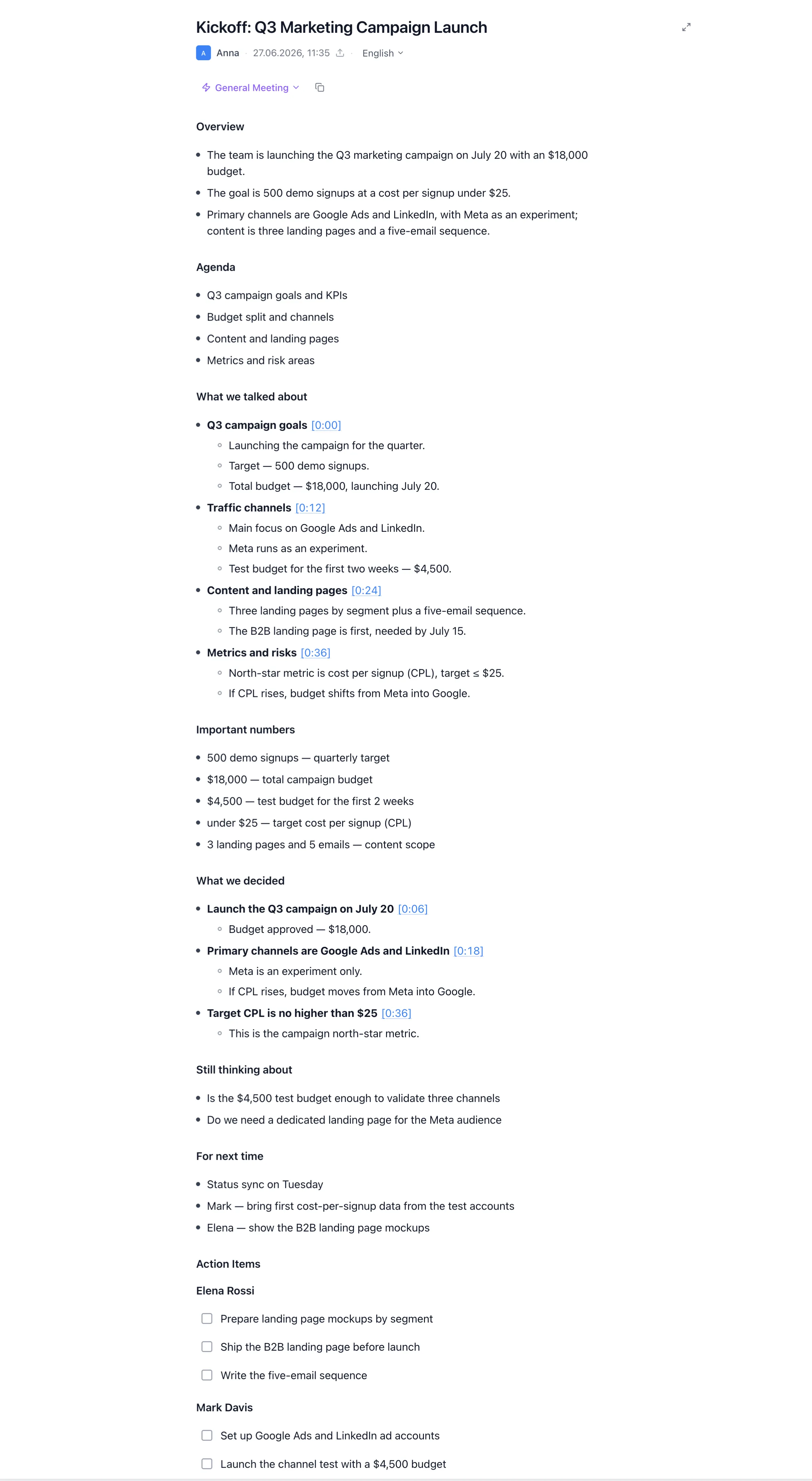 Screenshot of structured meeting notes: overview, discussion, important numbers, and action items