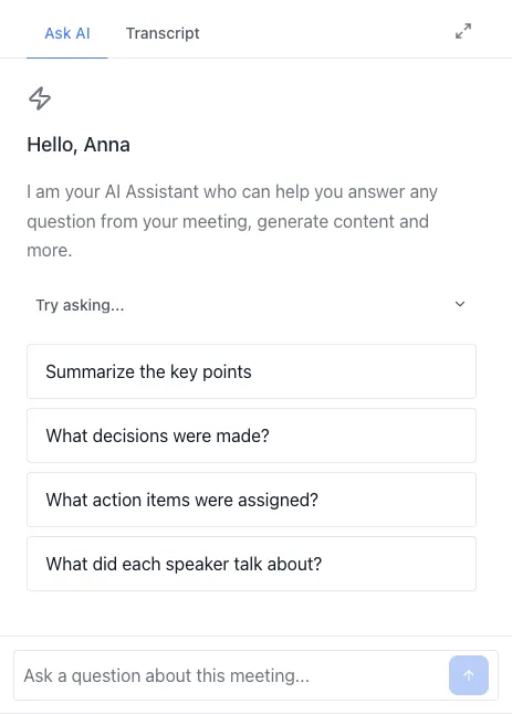 Resalt AI chat screenshot: the assistant answering a question about the meeting