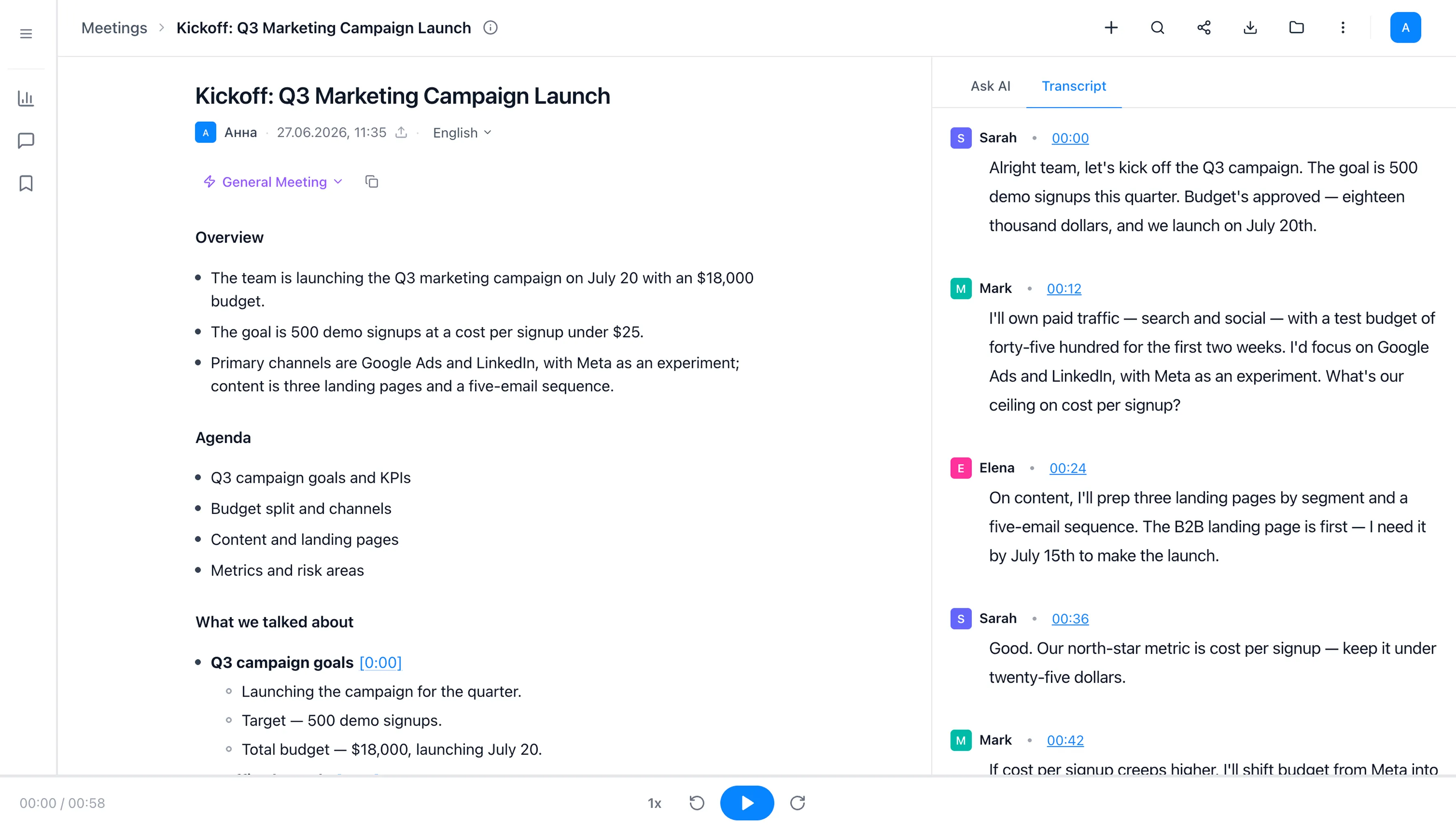 Resalt interface: meeting transcript with speaker diarization, AI summary, and action items