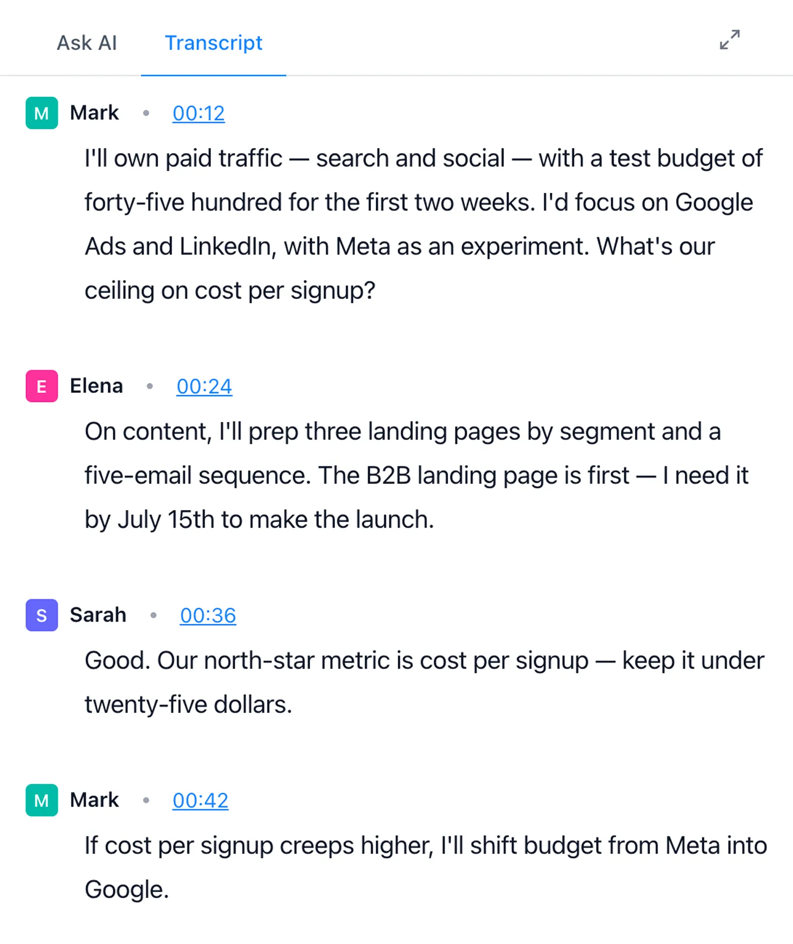 Meeting transcript with word-level timestamps aligned to the audio and speaker diarization